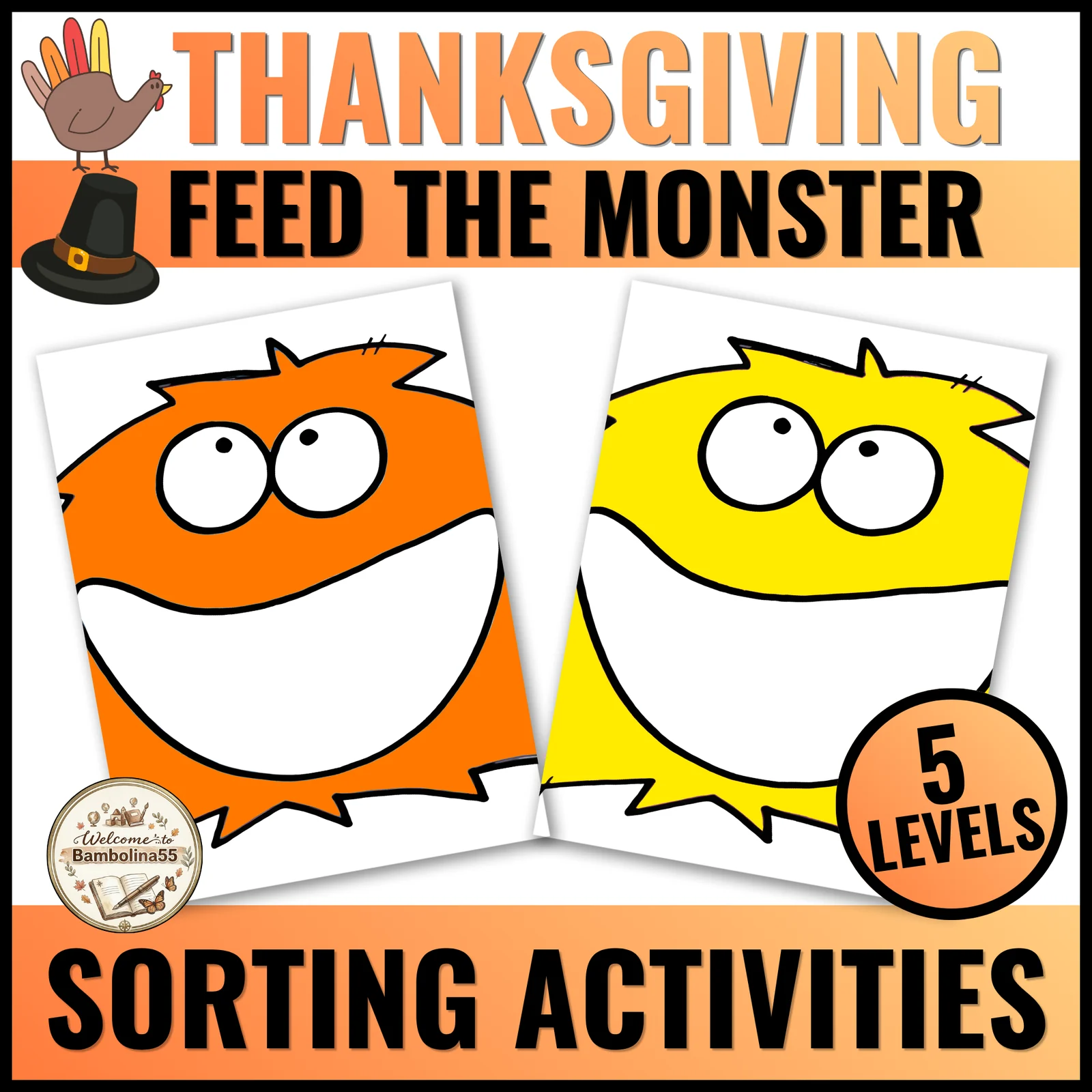 Thanksgiving Feed the Monster Game Sorting Comparison Activity Pre & Kindergaten
