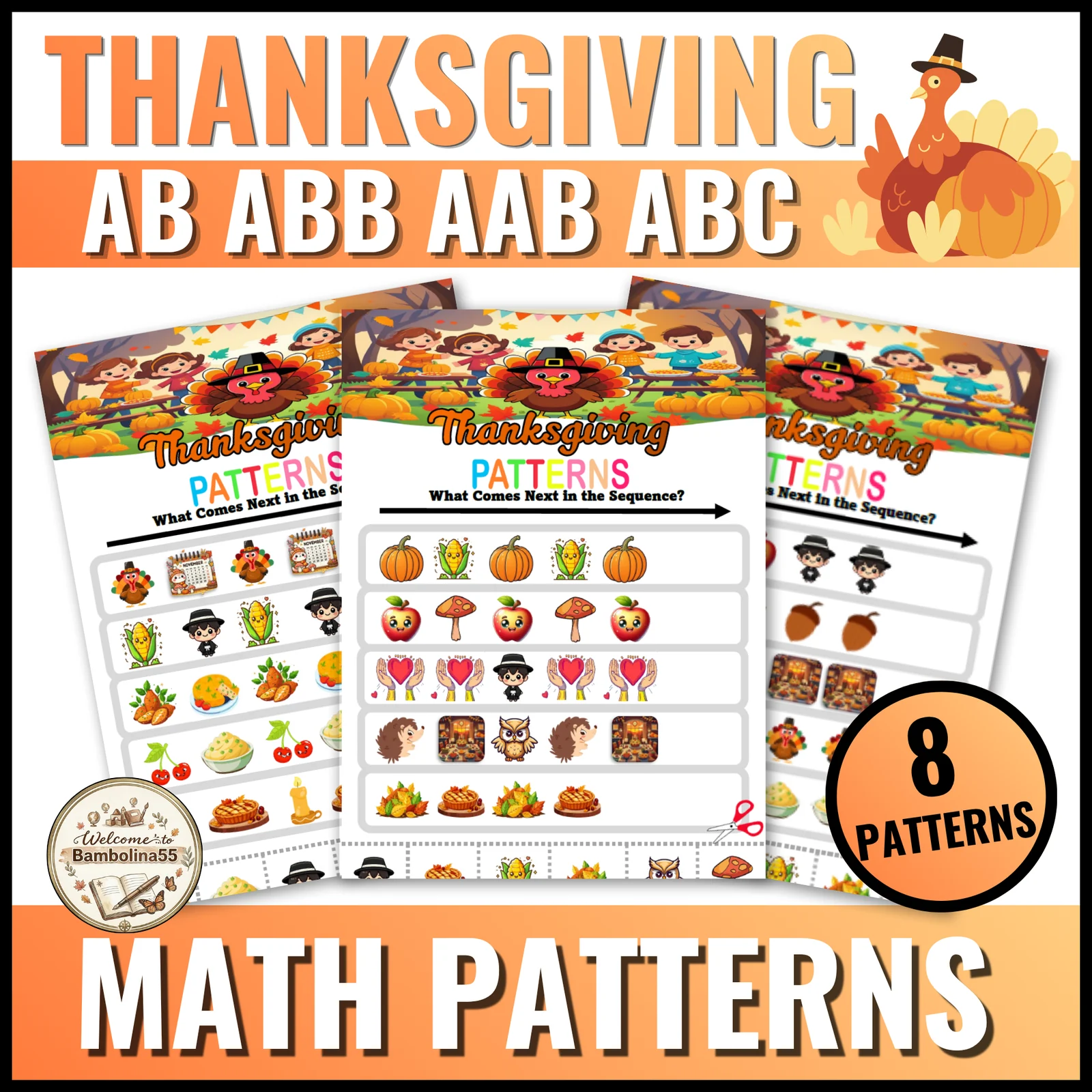 Thanksgiving Turkey Finish the Pattern Worksheets Activity for PreK Kindergarten