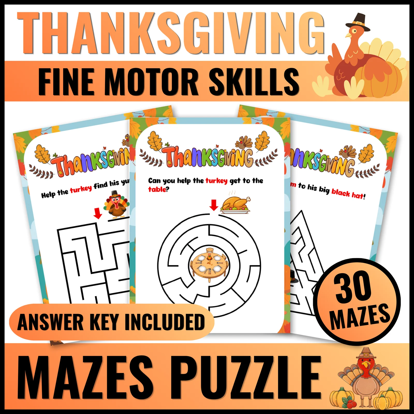 Thanksgiving Turkey Mazes for Preschool and Kindergarten Fun Printable Activites