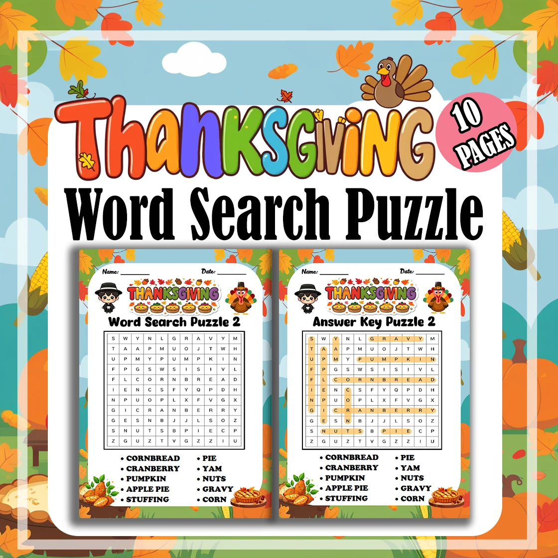 Thanksgiving Word Search Puzzle Game Fun & Educational Activity for Kindergarten