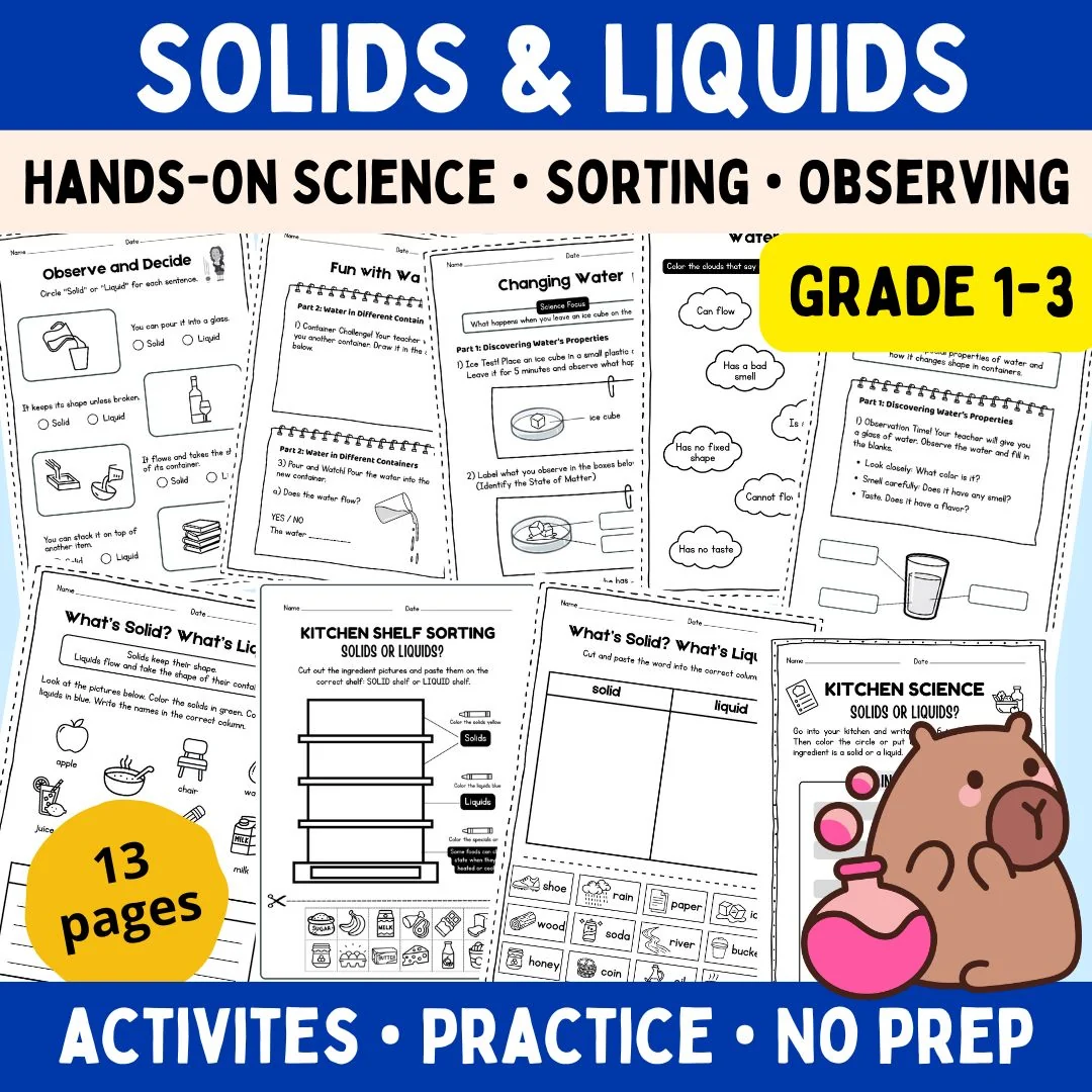States of Matter Worksheets | Solids & Liquids Activities | Grades 1-3 Science