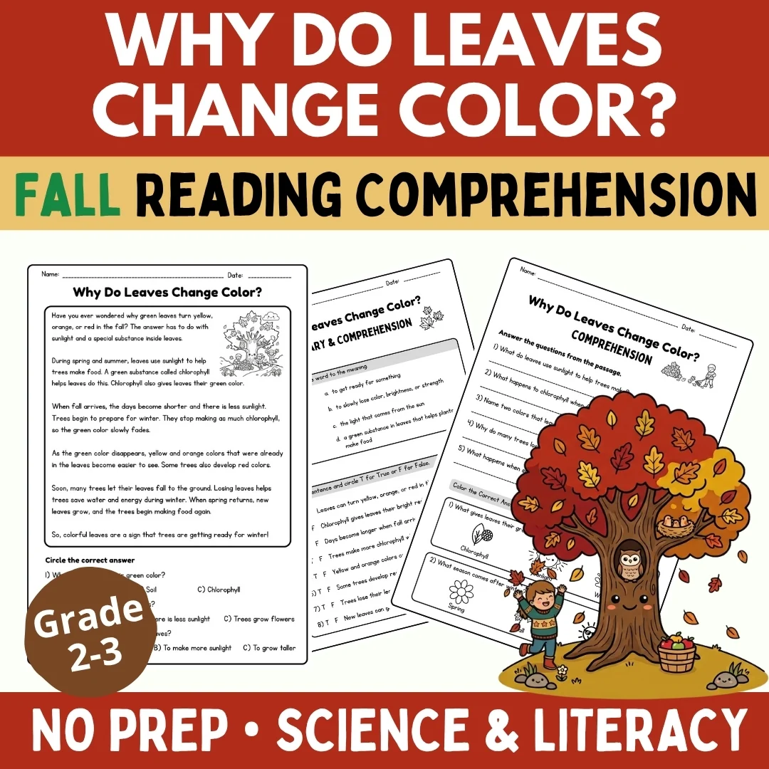 Fall Reading Comprehension | Why Do Leaves Change Color? | Grades 2–3 | Fall ELA