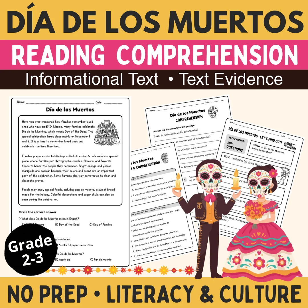 Día de los Muertos Reading Comprehension Passage & Questions | 2nd 3rd Grade