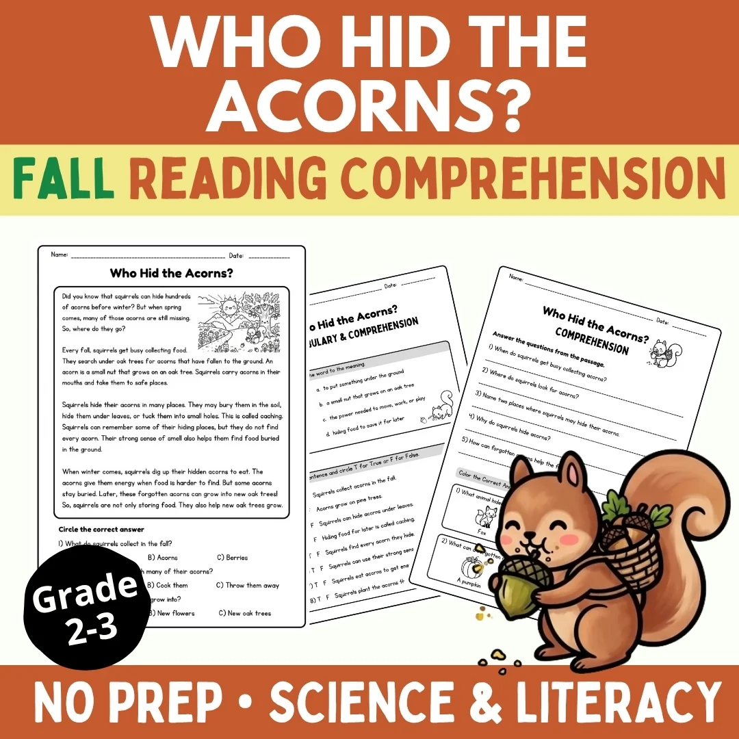 Fall Reading Comprehension | Who Hid the Acorns? | Grade 2–3 Passage & Questions
