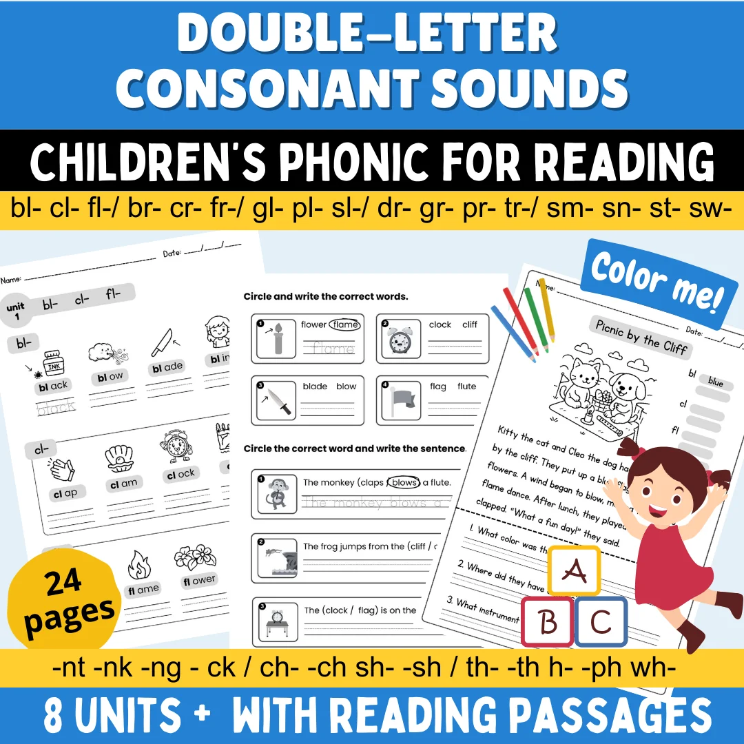 Phonics Workbook: Consonant Blends & Digraphs Worksheets | Double Letter Sounds