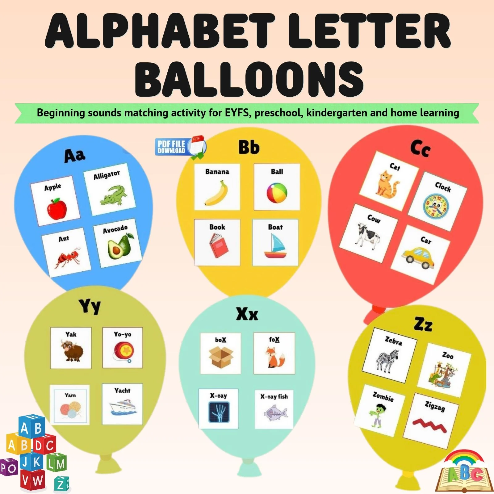 Alphabet Letter and Name Beginning Sounds Matching Balloon Activity