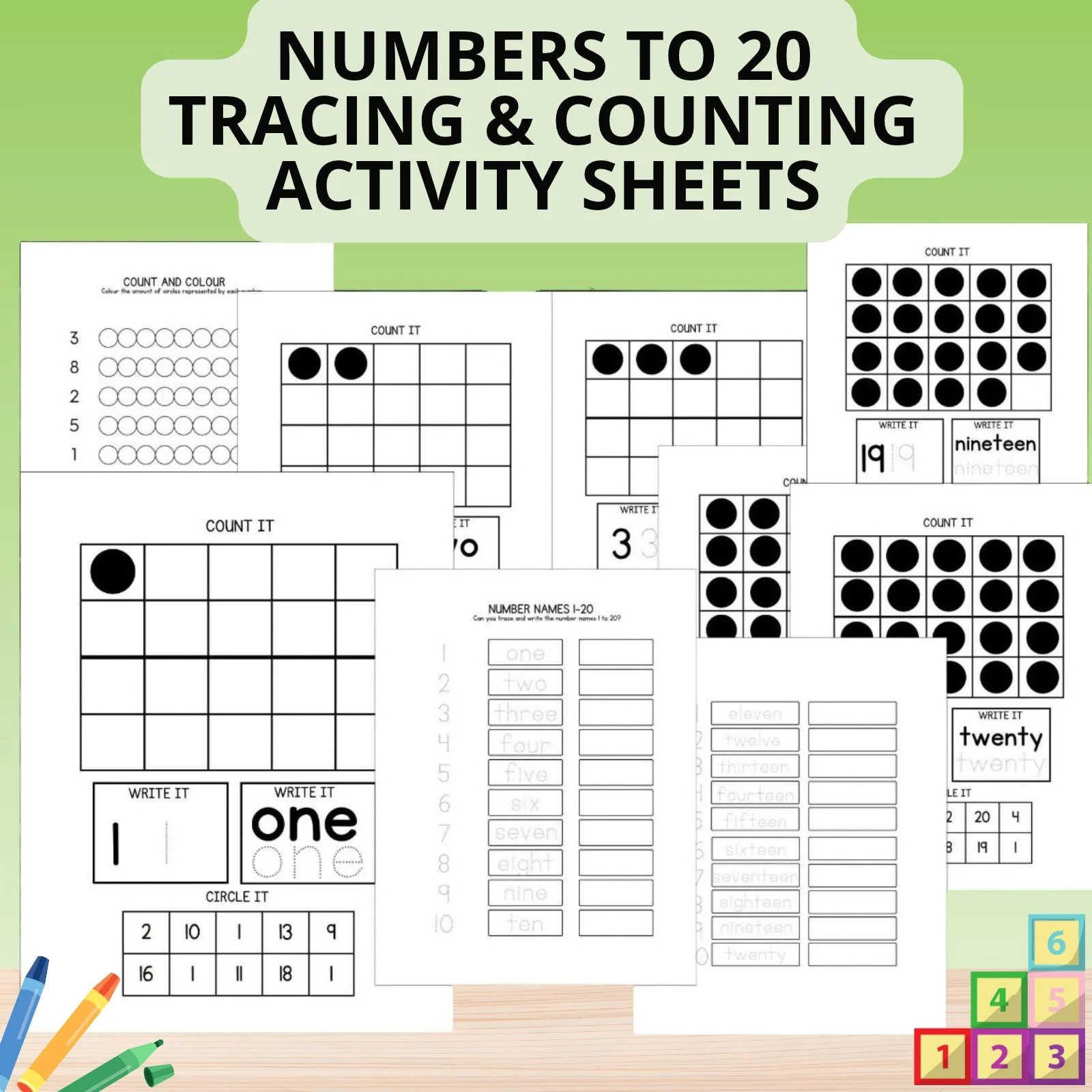 Number Tracing & Counting to 20 Worksheets | Preschool Kindergarten Math