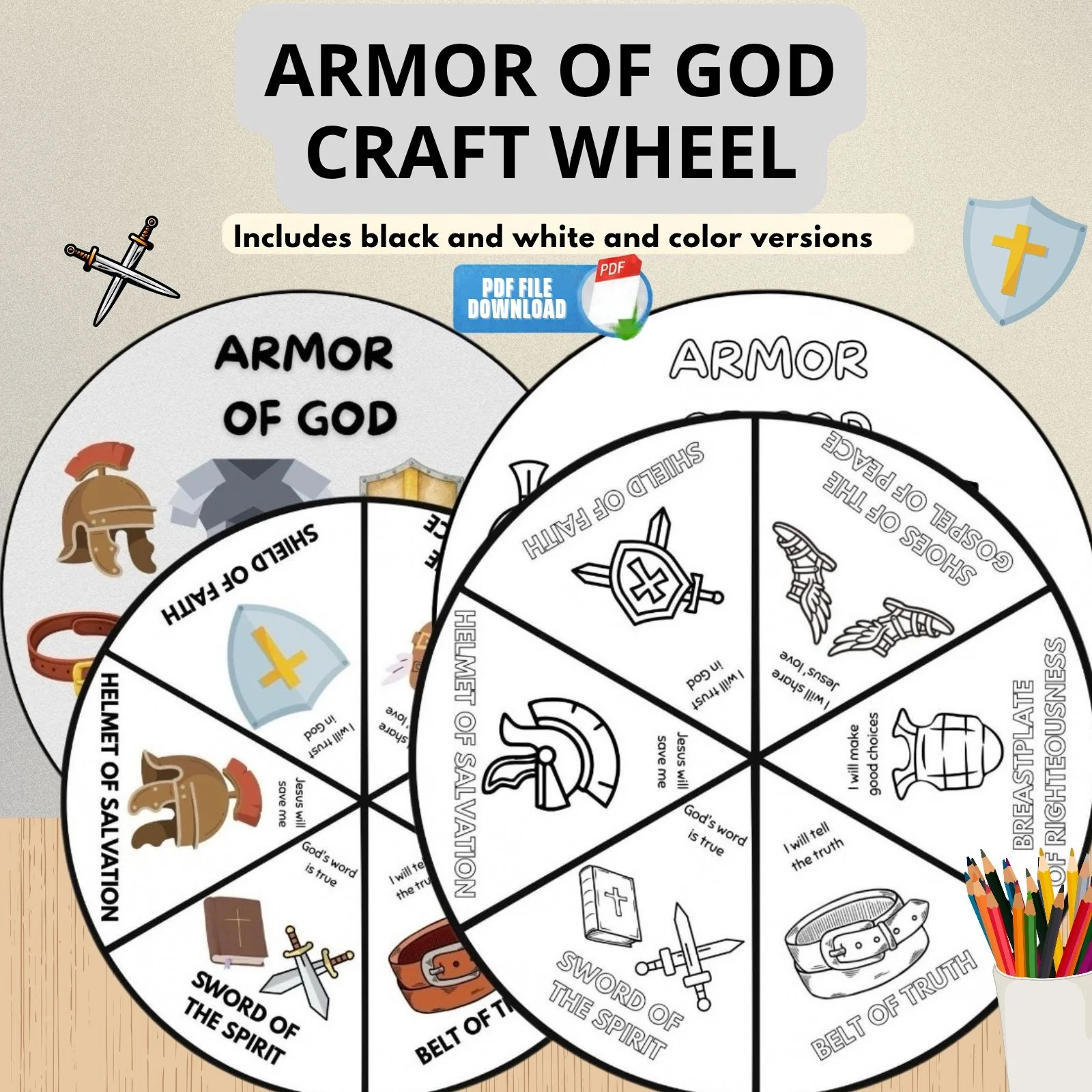 Armor of God Story Wheel Craft | Ephesians 6 Coloring Spinner | Sunday School Activity