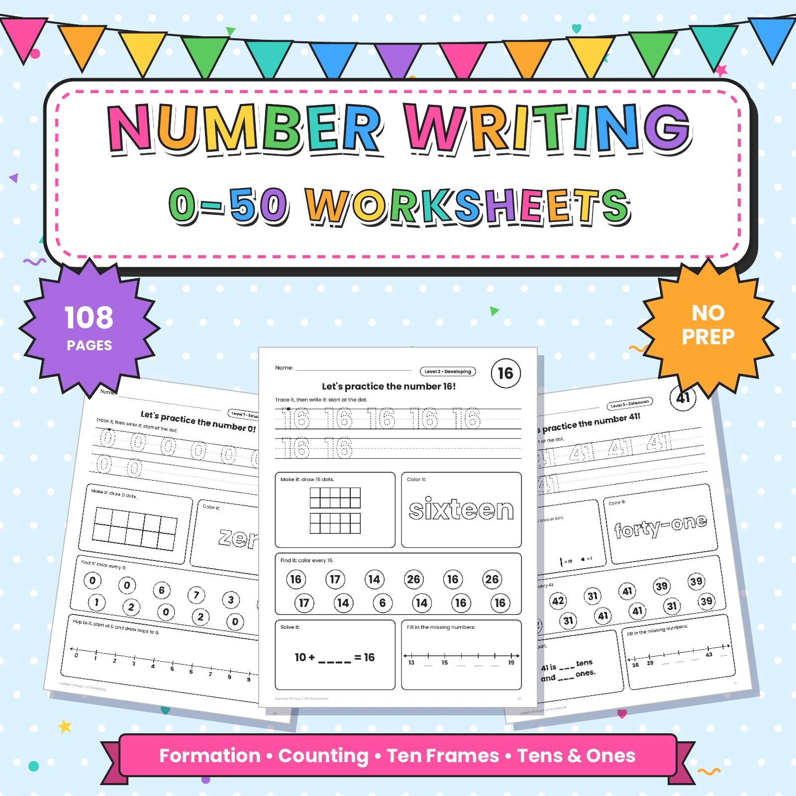 Number Writing 0–50 Worksheets | Number Formation & Counting | PreK–1