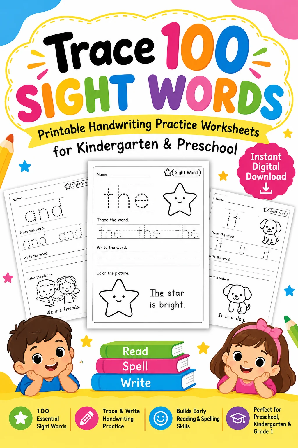 Trace 100 Sight Words – Printable Handwriting Practice Worksheets for Kindergarten & Preschool