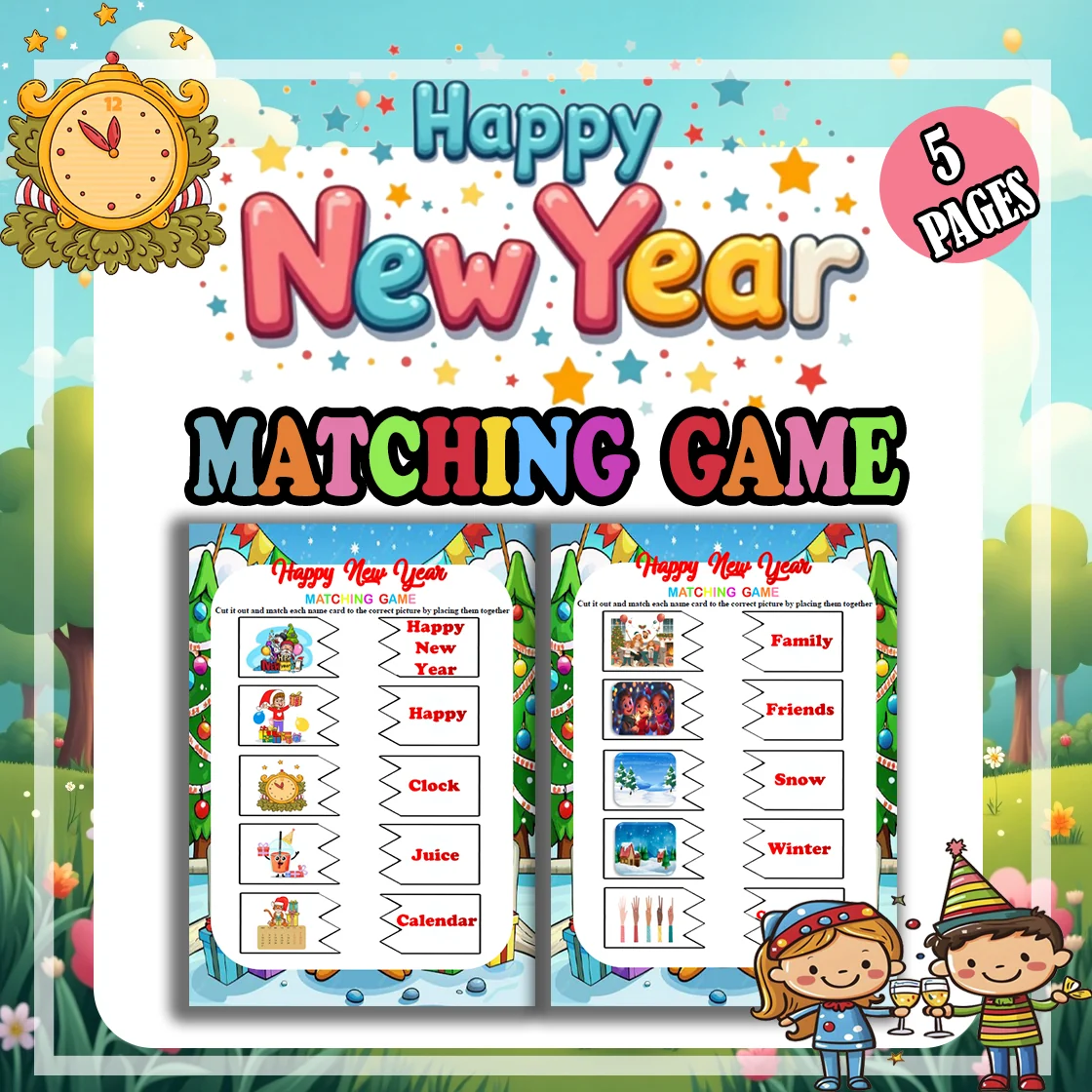 Happy New Year Matching Game for Preschool and Kindergarten to 4th Grade