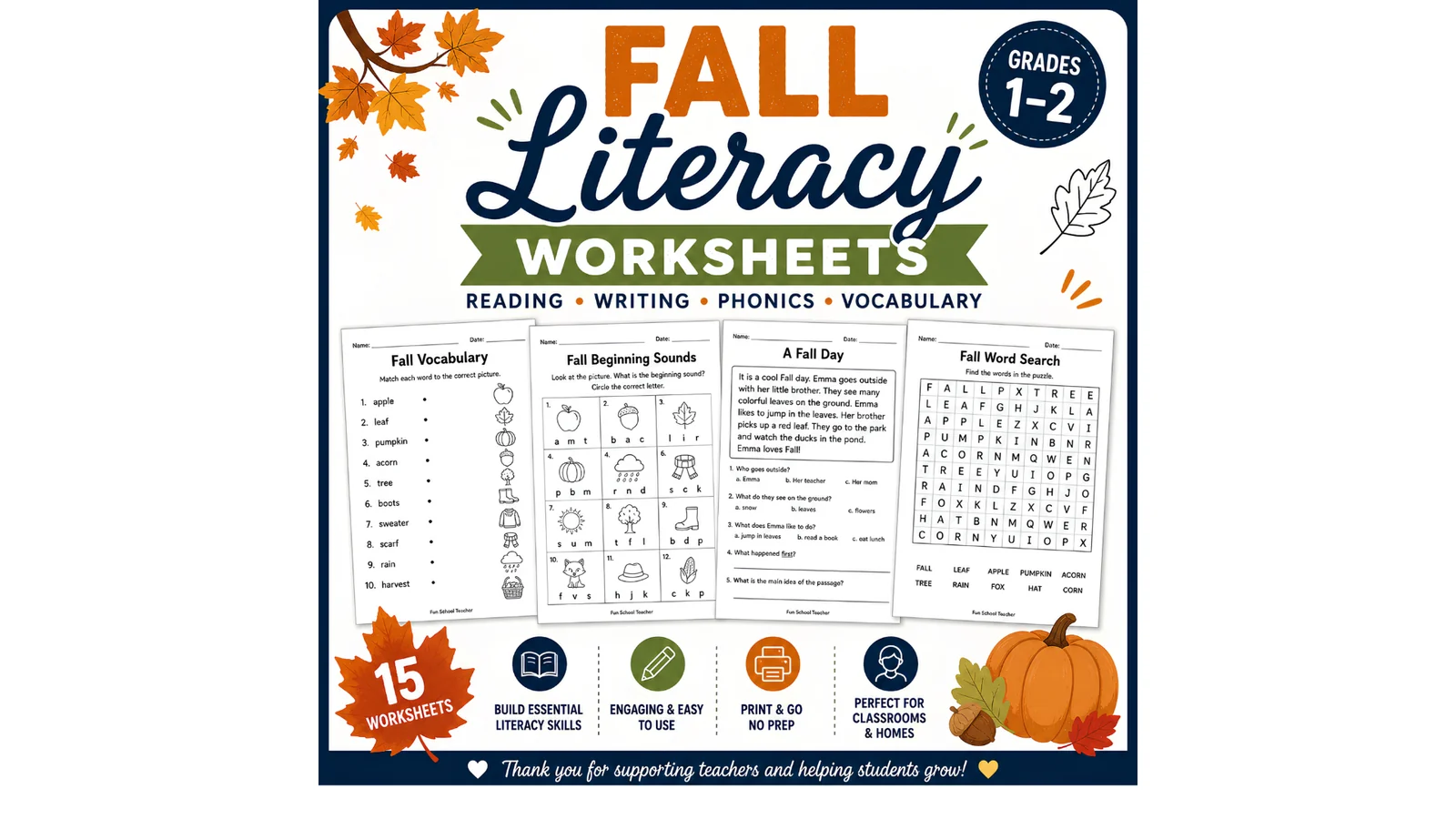 Fall Literacy Worksheets | Reading & Writing Activities