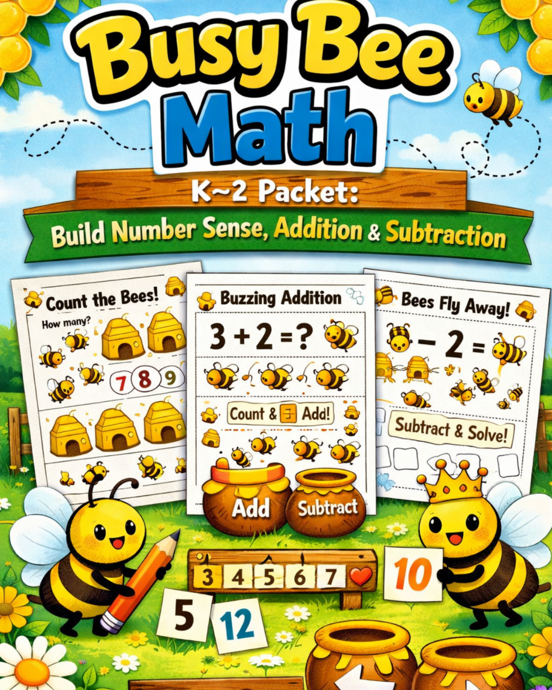Busy Bee Math K-2 Packet - Build Number Sense, Addition & Subtraction Activities