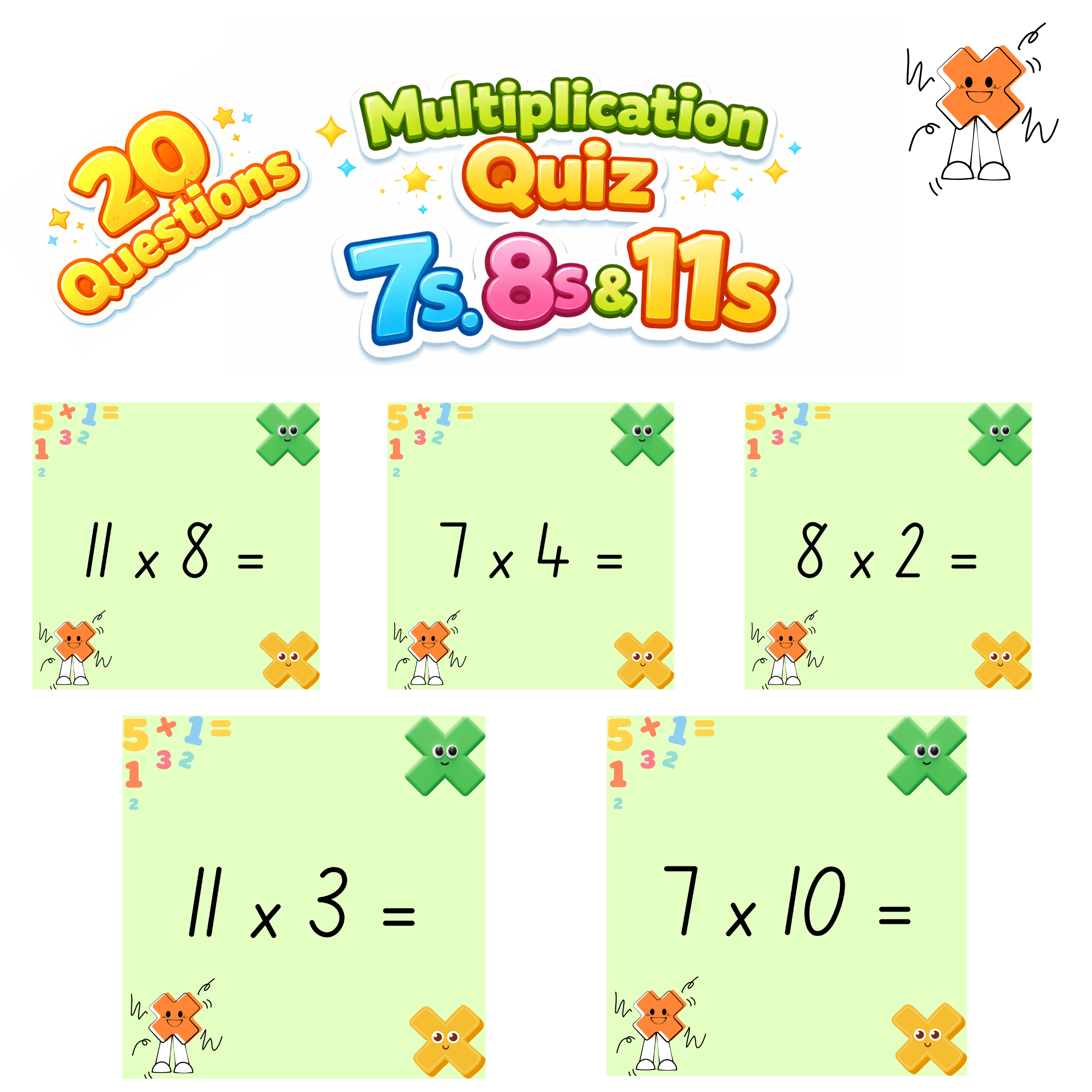 Multiplication 7s, 8s, & 11s Quick Quiz - 20 Questions - Print or Online Quiz