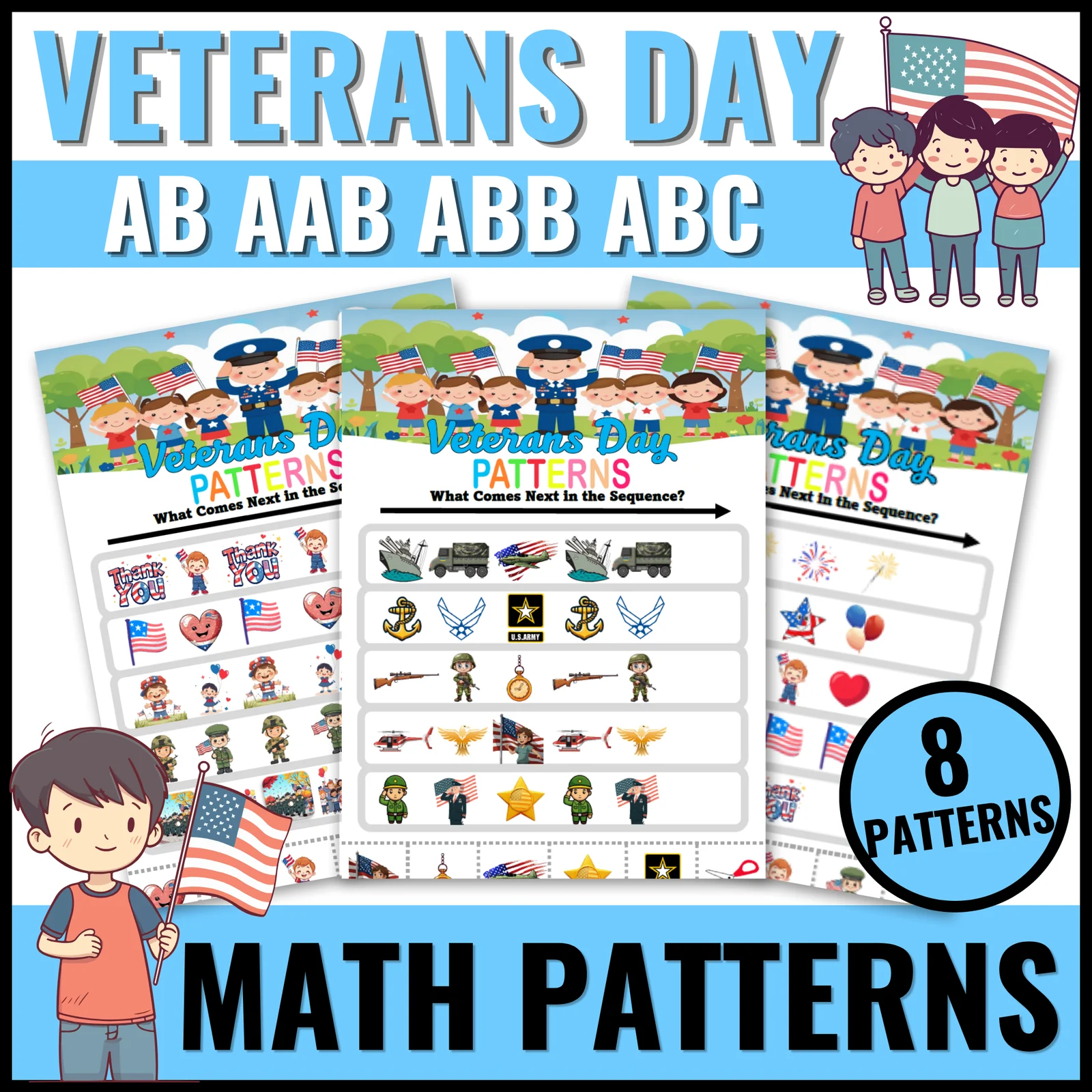 Veterans Day Finish the Pattern Worksheets Activity for Preschool, Kindergarten