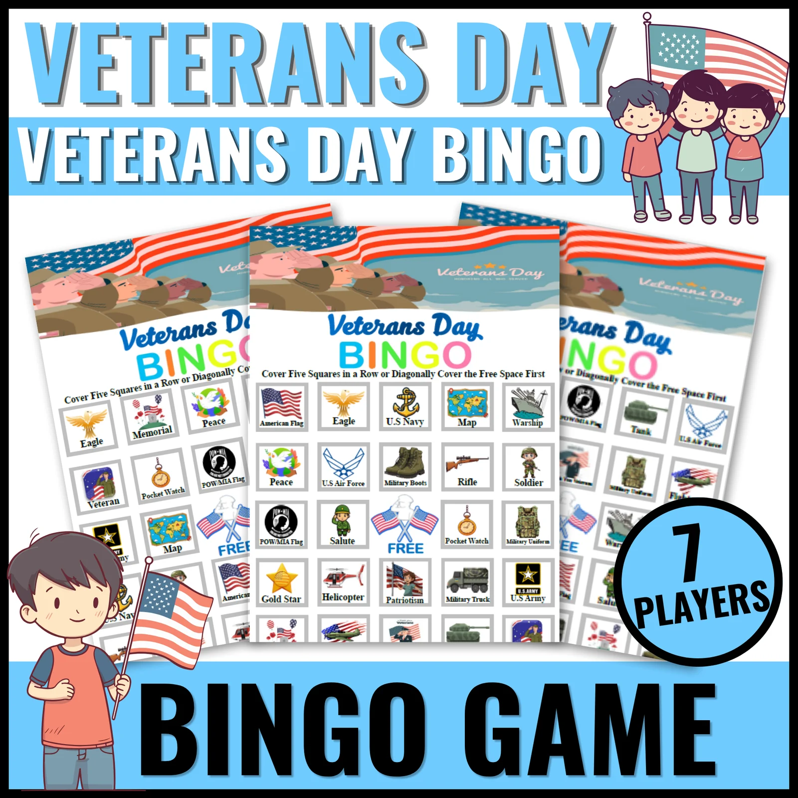 Veterans Day Bingo Game for Kindergarten - 8th
