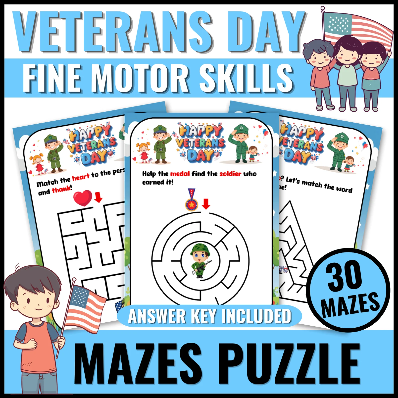 Veterans Day Patriotic Mazes for Preschool and Kindergarten Fun Activites