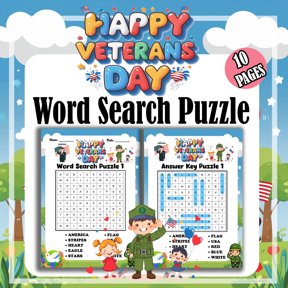 Veterans Day Word Search Puzzle Game Fun & Educational Activity for Kindergarten