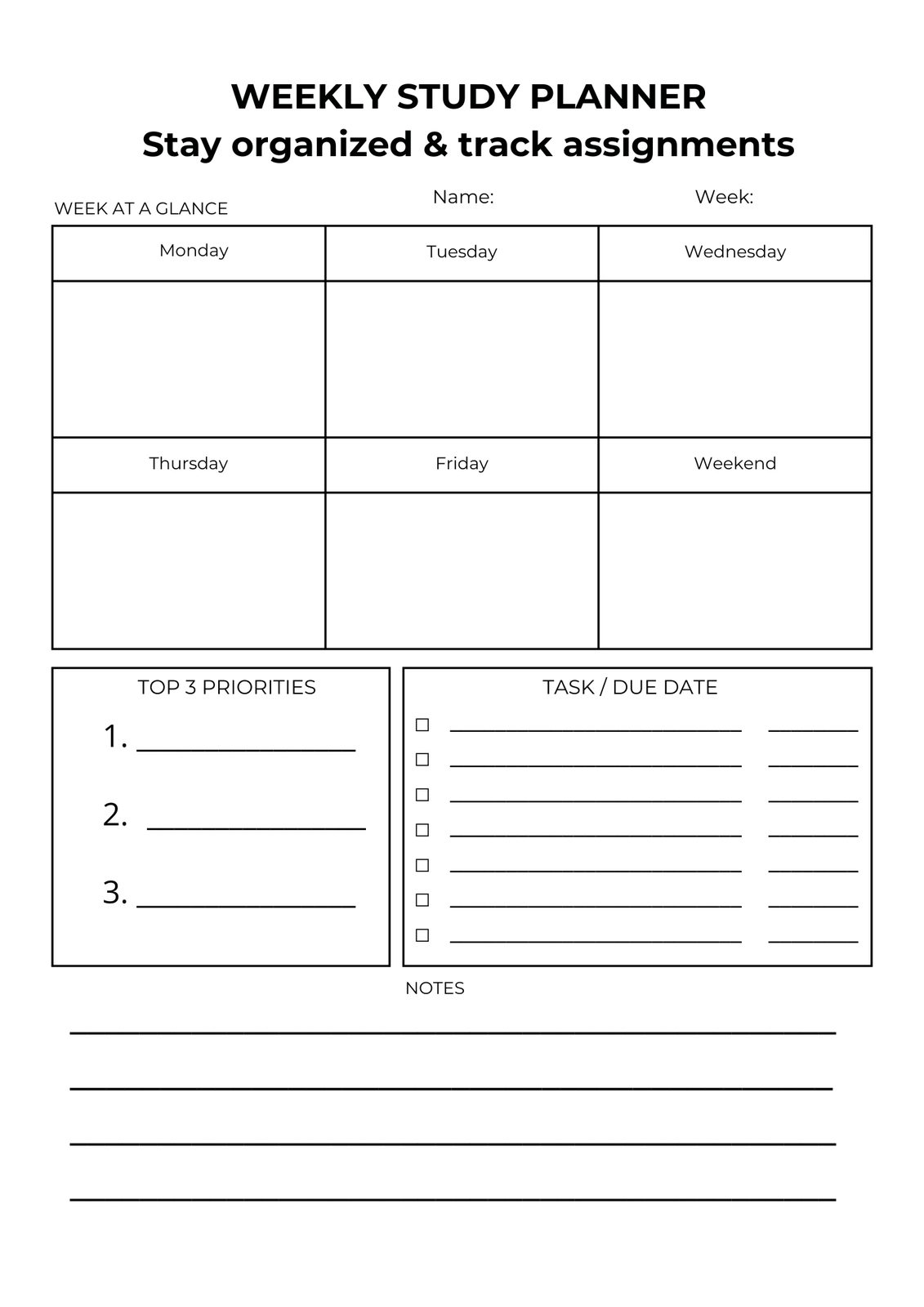 Weekly Study Planner Worksheet | Assignment Tracker Printable