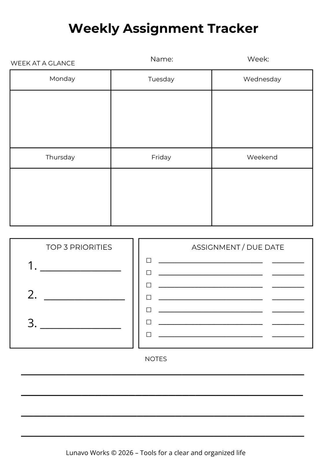 Weekly Assignment Tracker Worksheet | Printable Student Planner