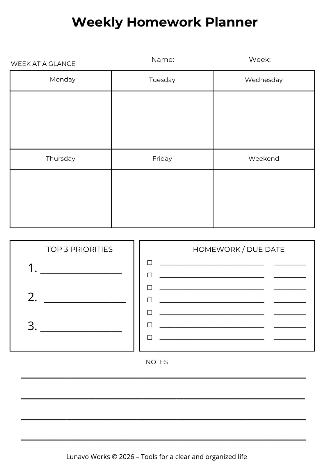 Weekly Homework Planner Worksheet | Printable Homework Tracker