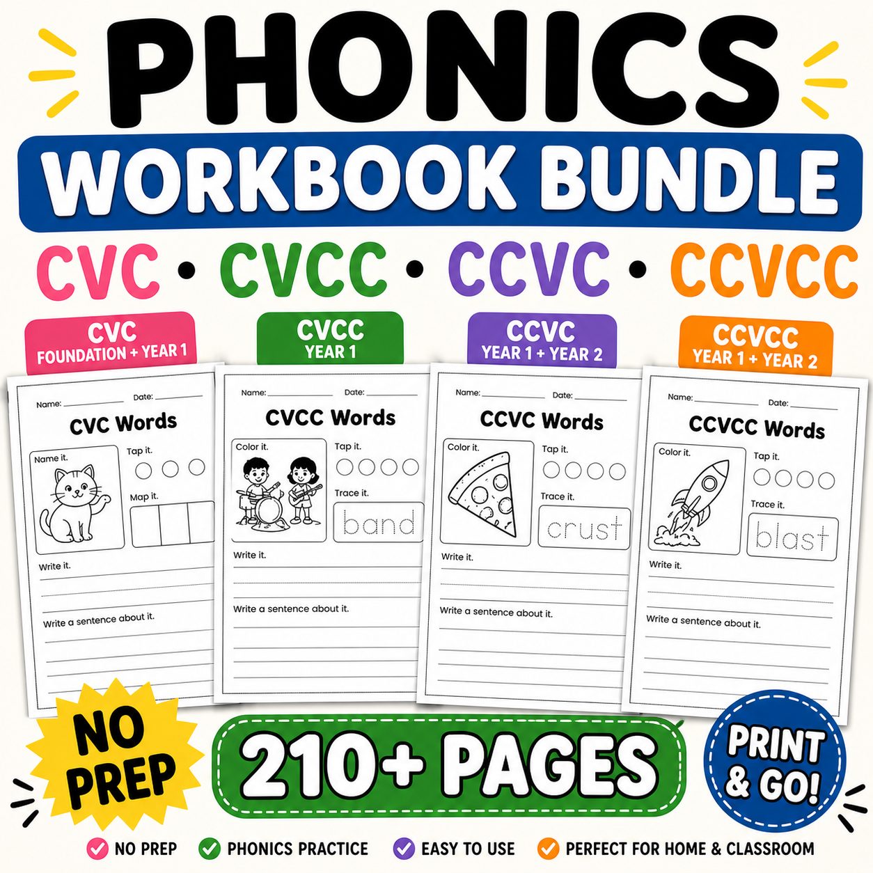 CVC, CCVC, CVCC, CCVCC & Digraph Phonics Workbook Bundle