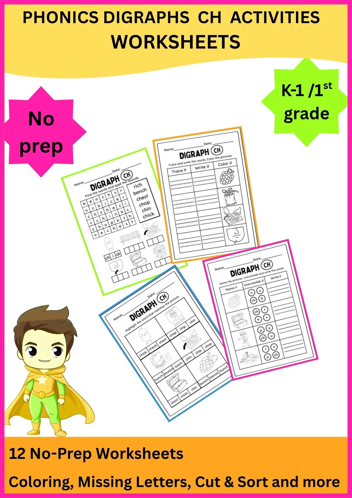 CH Digraph Worksheets | Phonics, Word Recognition, Spelling and Writing Activities | Kindergarten / 1st Grade