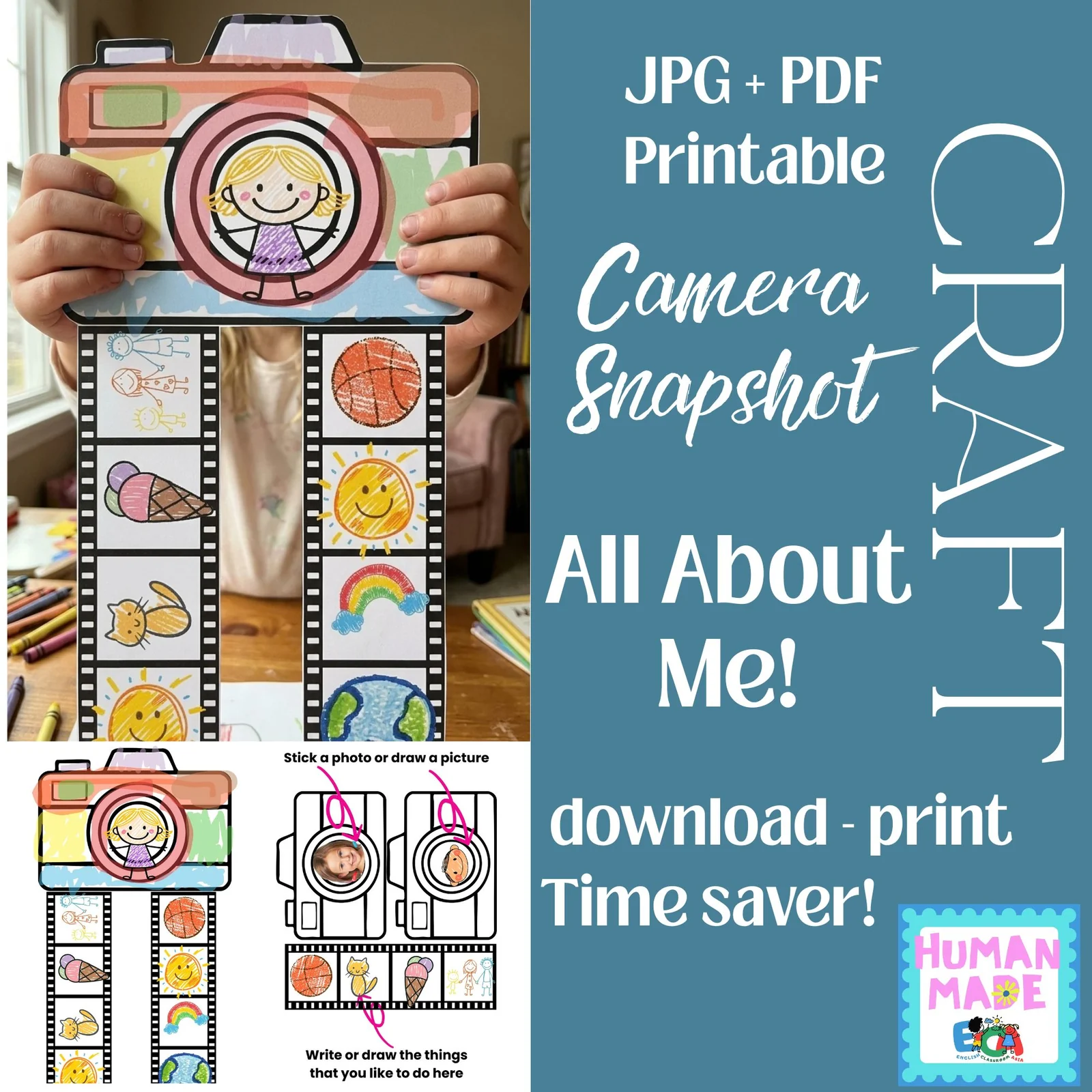 All About Me Polaroid Camera Craft Back to School Activities Printable Snapshot