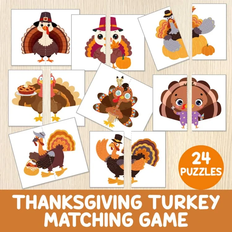 Thanksgiving Turkey Matching Game - Thanksgiving Puzzles - Match Halves Activity