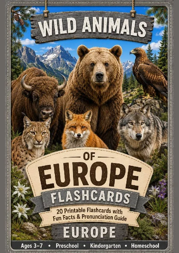 Wild Animals Flashcards | 20 European Printable Animal Cards with Pronunciation