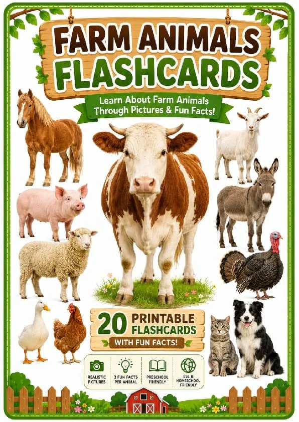 Farm Animals Flashcards 20 Printable Animal Cards with Fun Facts