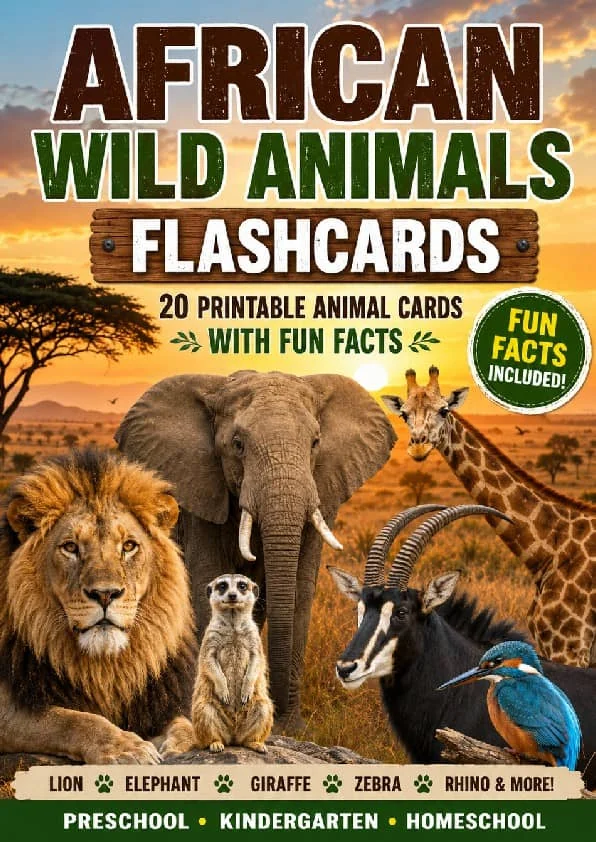 Wild Animals Flashcards | 20 African Printable Animal Cards with Fun Facts