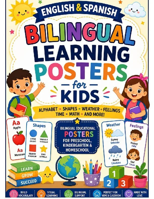 English & Spanish Bilingual Learning Posters for Kids | Alphabet, Shapes, MORE!