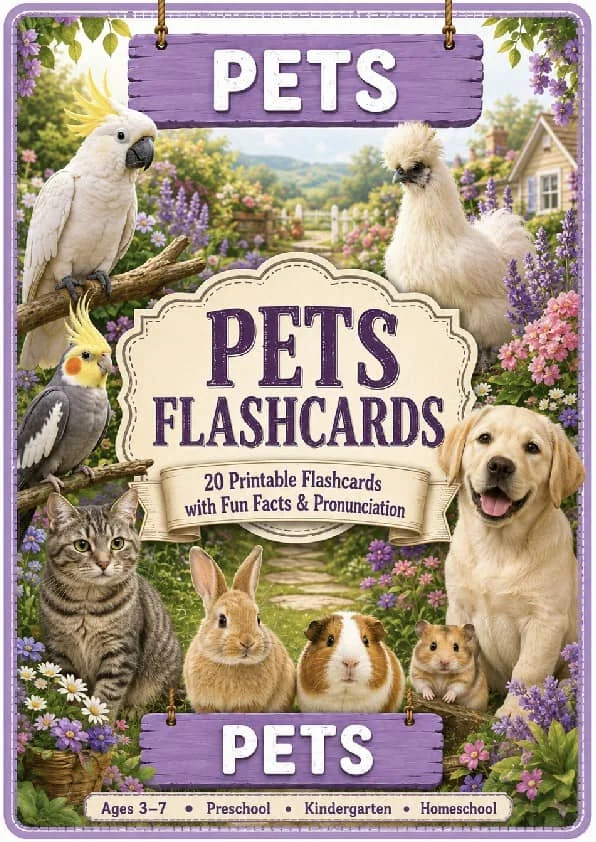 Pets Flashcards 20 Printable Pet Animal Cards with Fun Facts & Pronunciation