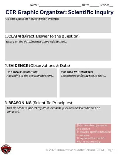 FREE Universal CER Graphic Organizer | Claim Evidence Reasoning Printable