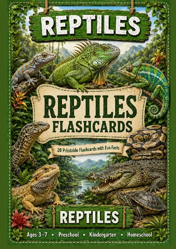 Reptiles Flashcards with Pronunciation | 20 Printable Reptile Cards for K-1