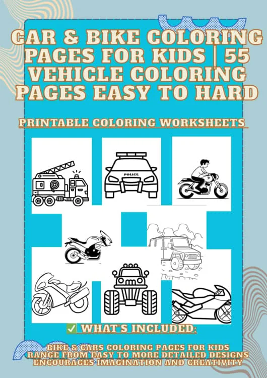 Car & Bike Coloring Pages for Kids | 55 Vehicle Coloring Pages Easy to Hard | Tr