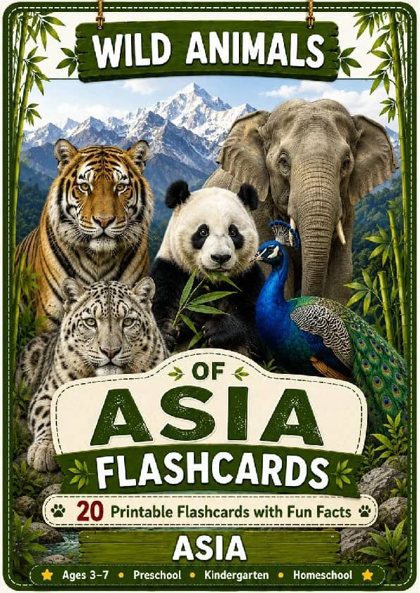 Wild Animals Flashcards | 20 Asian Printable Animal Cards with Fun Facts