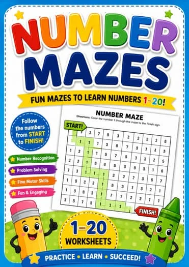 Number Mazes 1–20 Worksheets | Number Recognition Activities for Preschool