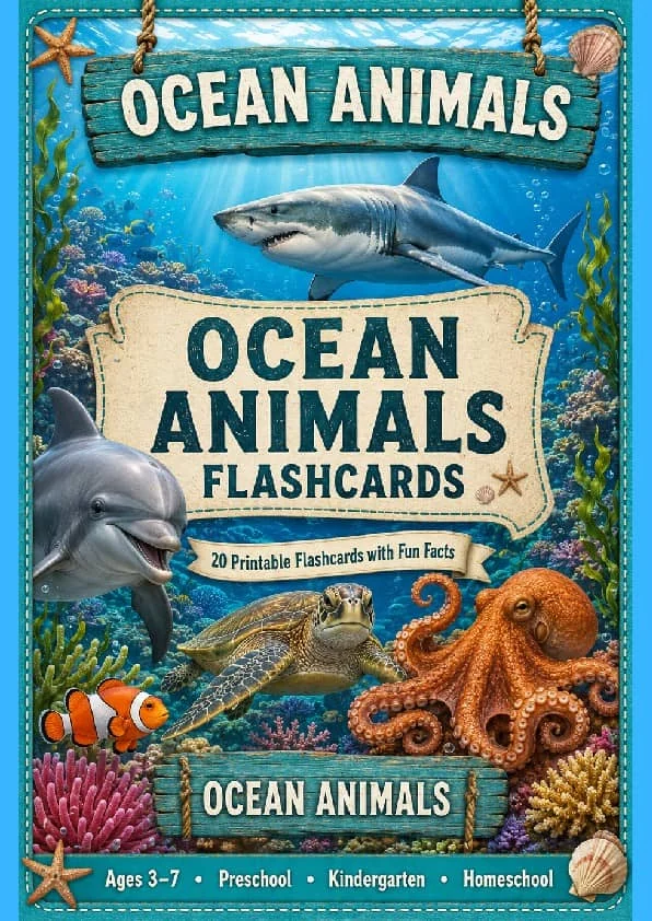 Ocean Animals Flashcards | 20 Printable Ocean Animal Cards with Pronunciation