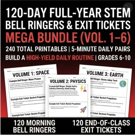 120-Day Full-Year STEM Bell Ringers & Exit Tickets Mega Bundle (Vol. 1–6)