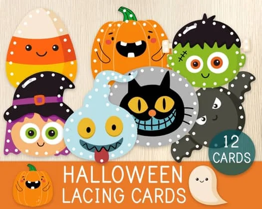 Halloween Lacing Cards, Fine Motor Skills, Montessori Tying Activity, Fall