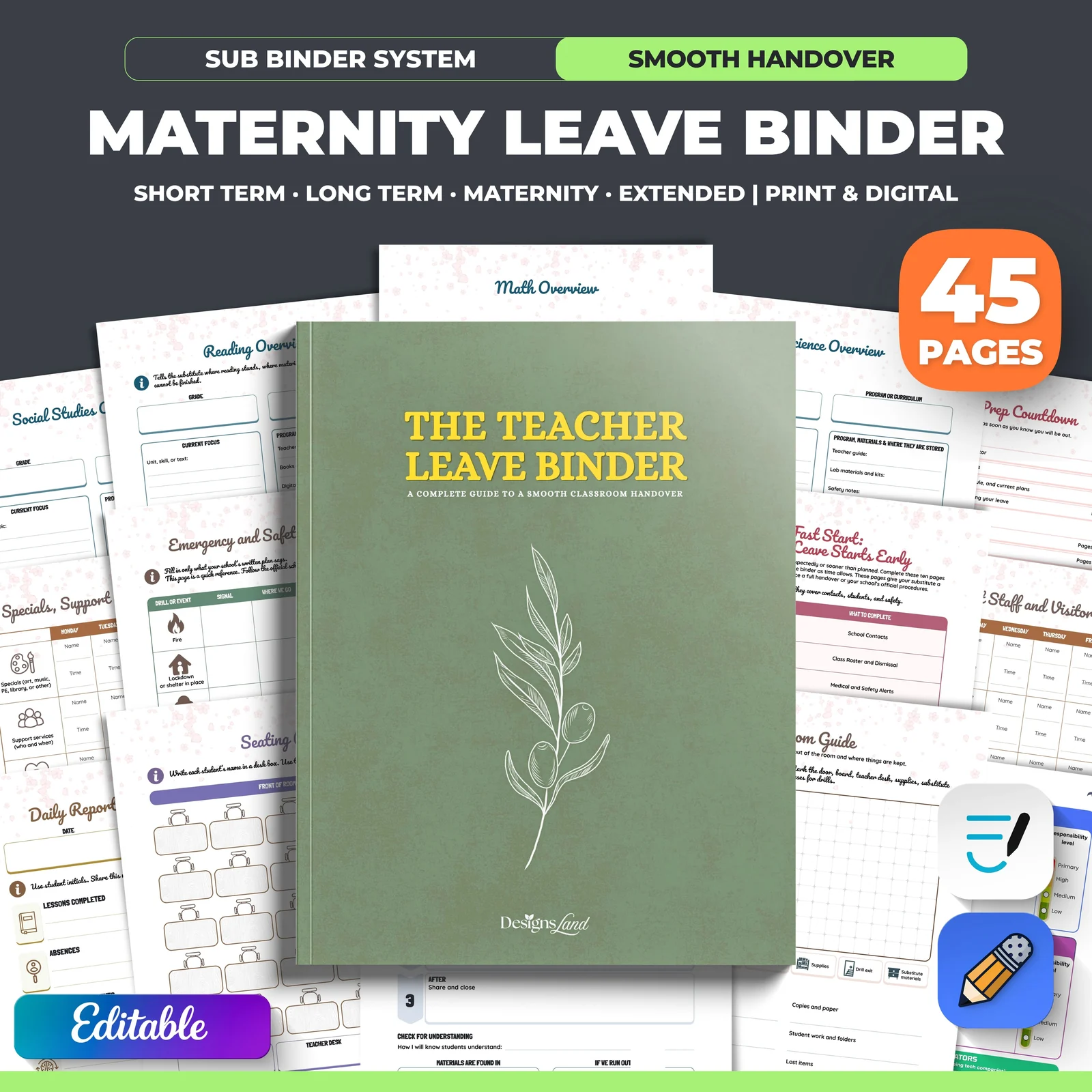Editable Maternity Leave Binder, Short Term Leave & Long Term Leave, Sub Plans, Extended Leave Binder, Substitute Binder