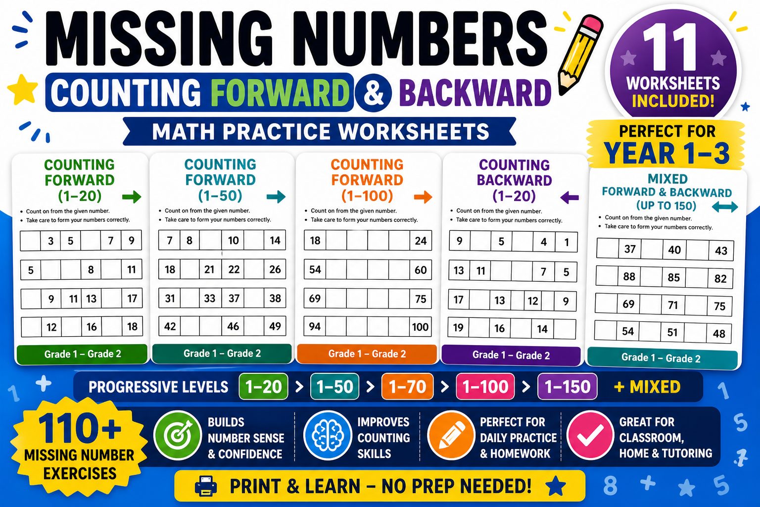 Missing Numbers Worksheets | Counting Forward & Backward Practice