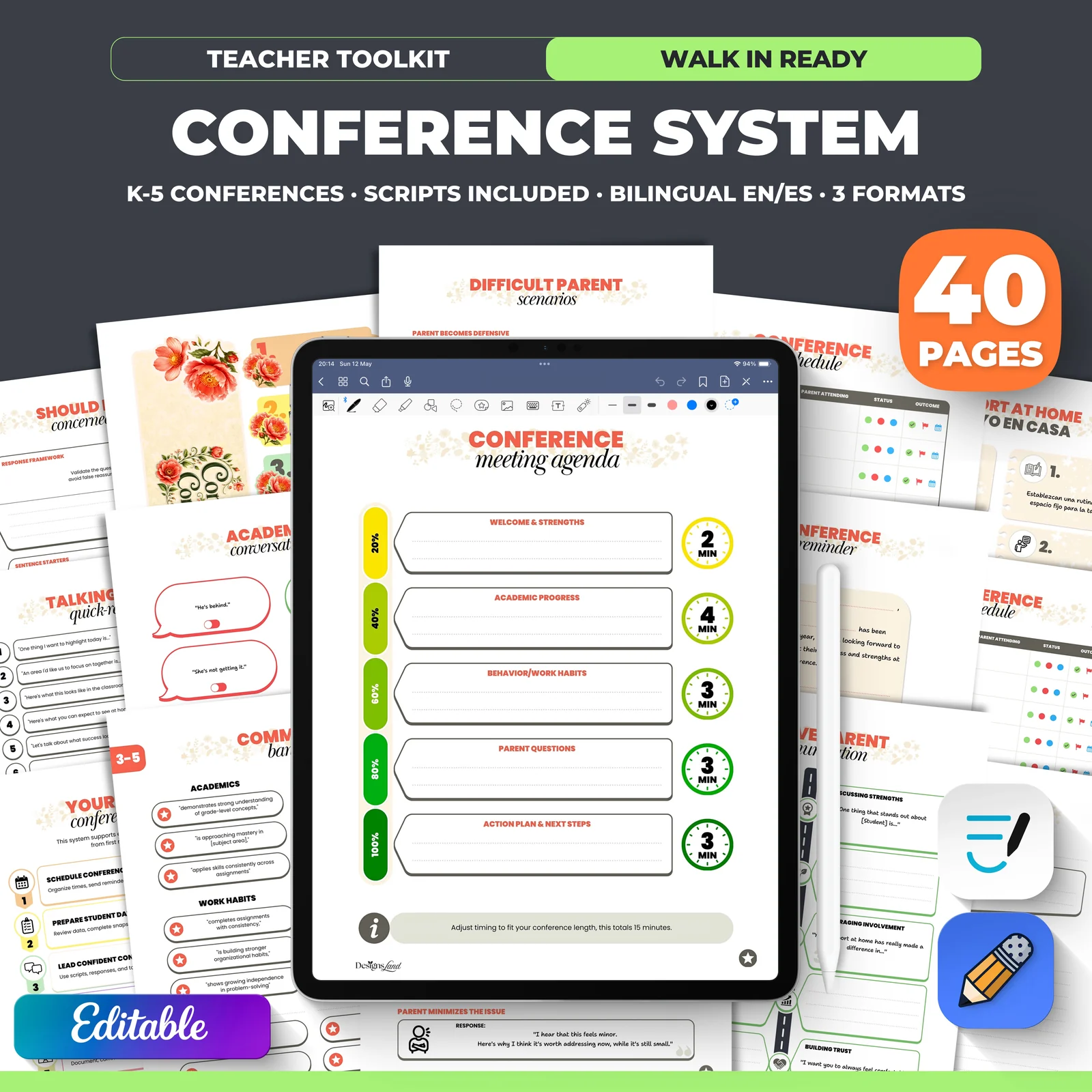 Parent Teacher Conference Form, Student Sign Up Sheet, Conference Schedule Notes Reminder Letter, Conference Questions & Script