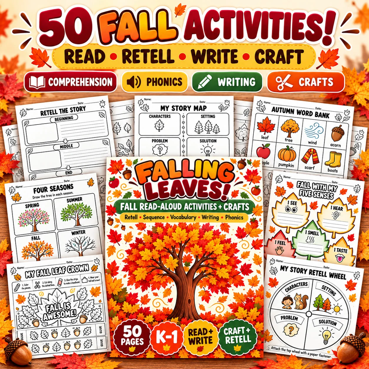 Fall Read Aloud Activities | Leaf Sequencing Craft, Retelling & Worksheets | K–1