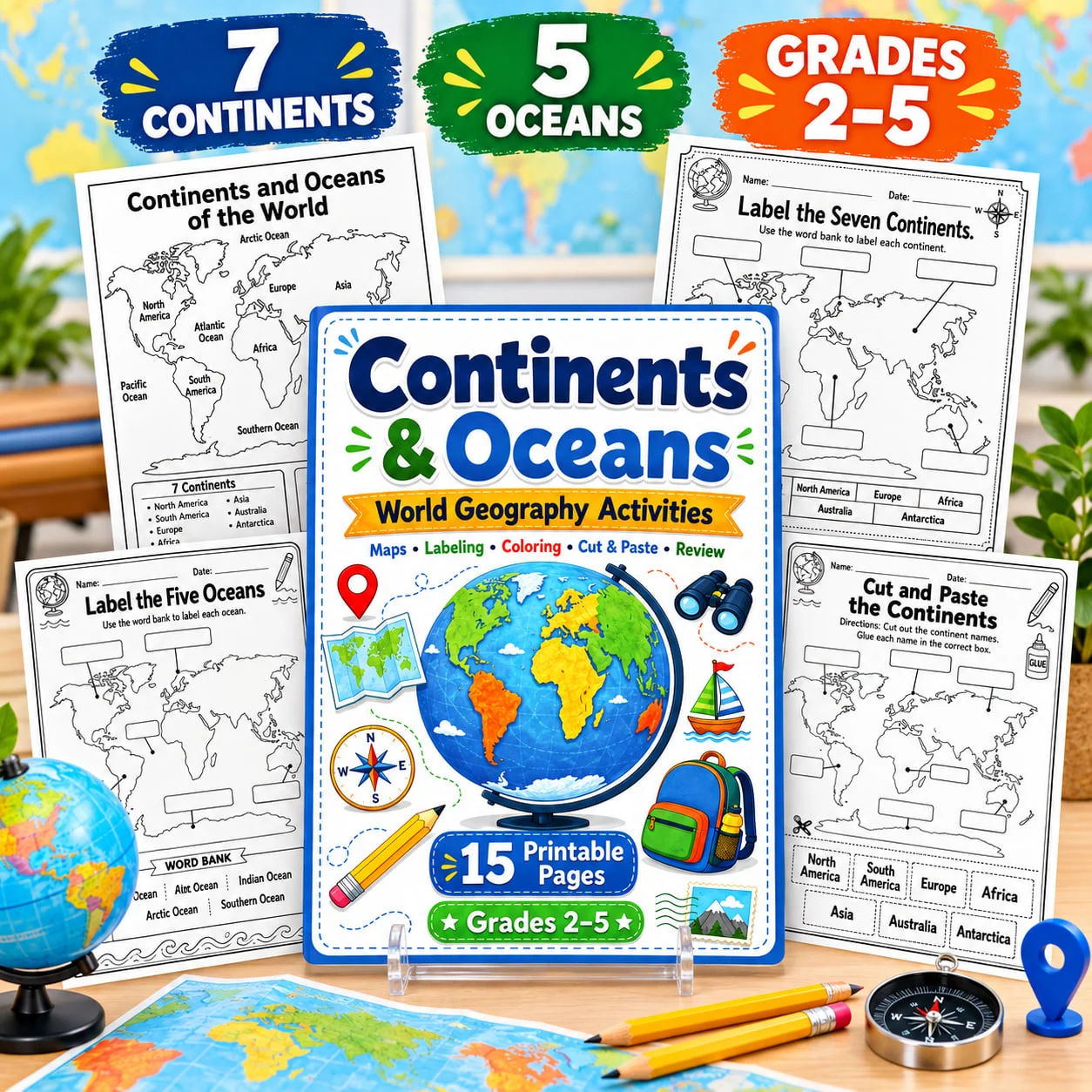 Continents and Oceans Worksheets | World Geography Map Skills Activities | Grades 2–5