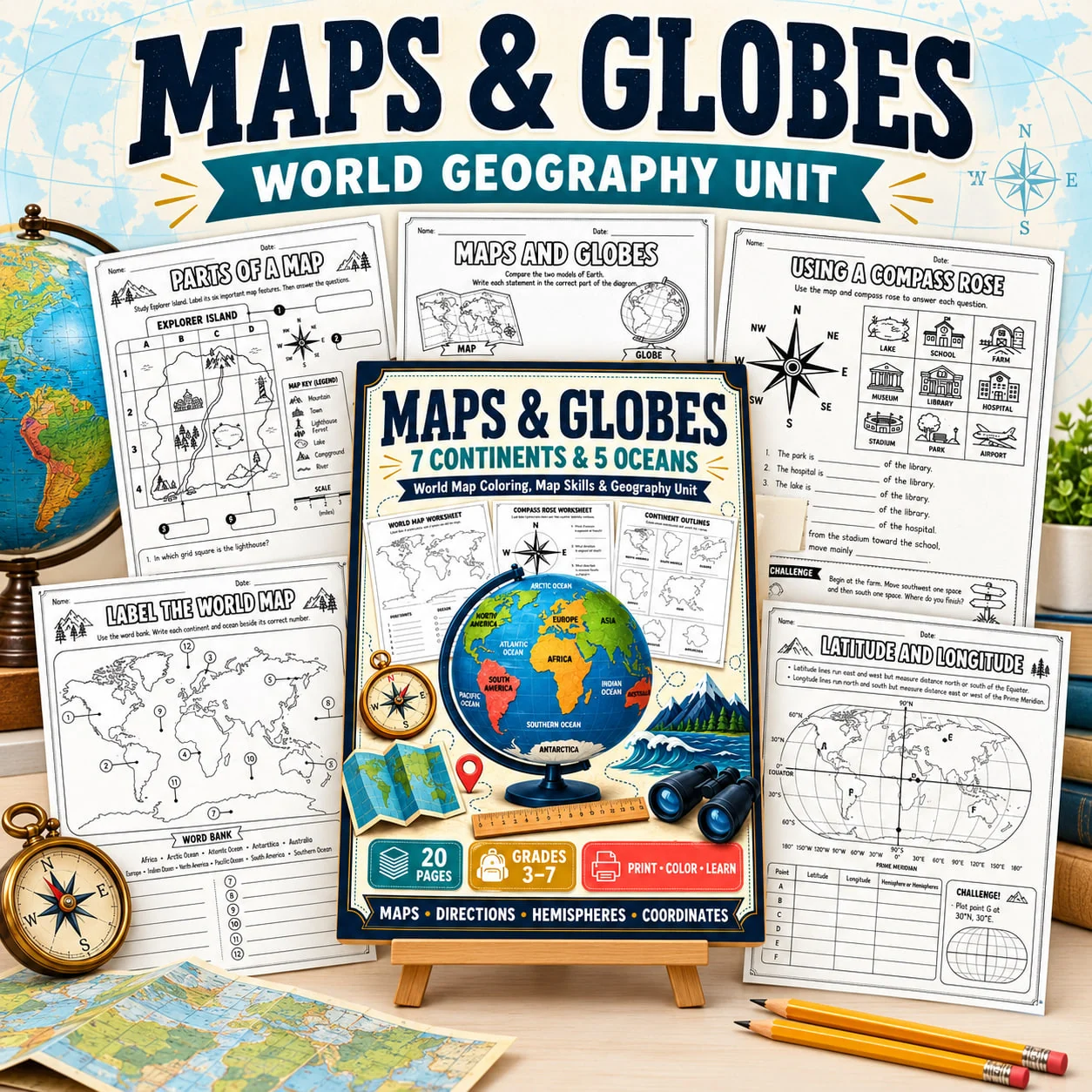 Maps & Globes Geography Unit | 7 Continents & 5 Oceans | Map Skills Worksheets Grades 3–7