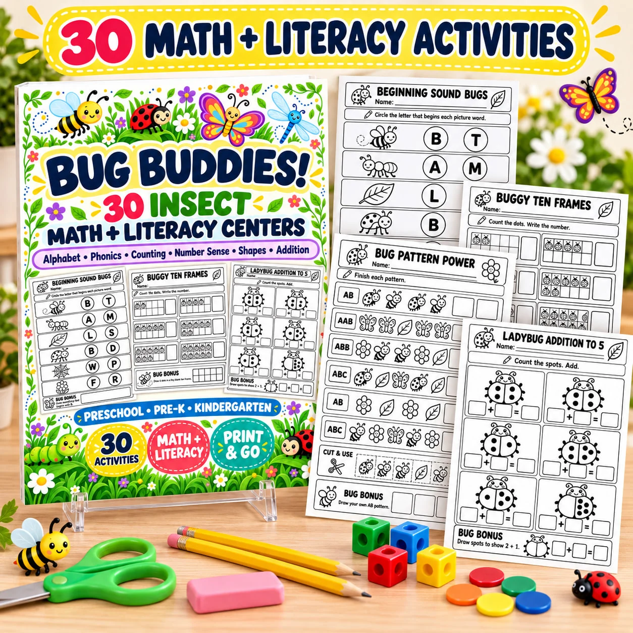 Insect Math & Literacy Centers | Bug Activities for Preschool, Pre-K & Kindergarten | Phonics, Counting & Number Sense