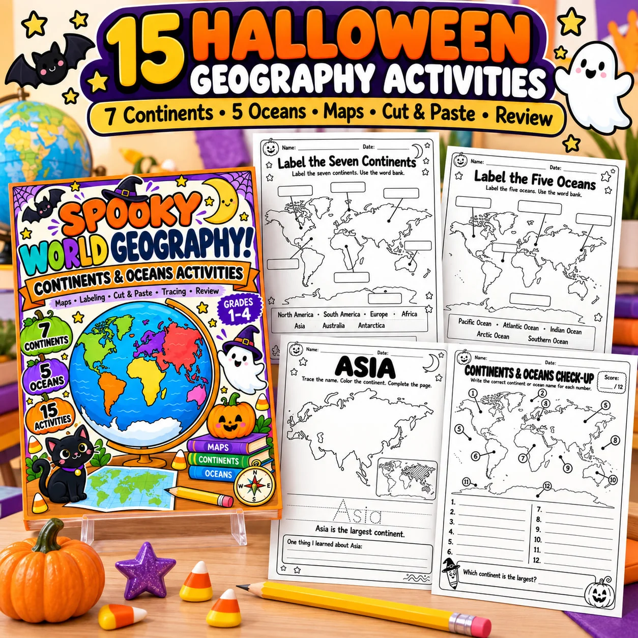 Halloween Continents and Oceans Worksheets | World Geography Activities | Map Skills | Grades 1–4